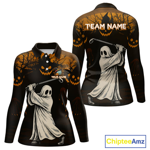 Funny black and orange Ghost Golfer Halloween Golf Polo Shirt For Women Custom golf attire for ladies NQS10767