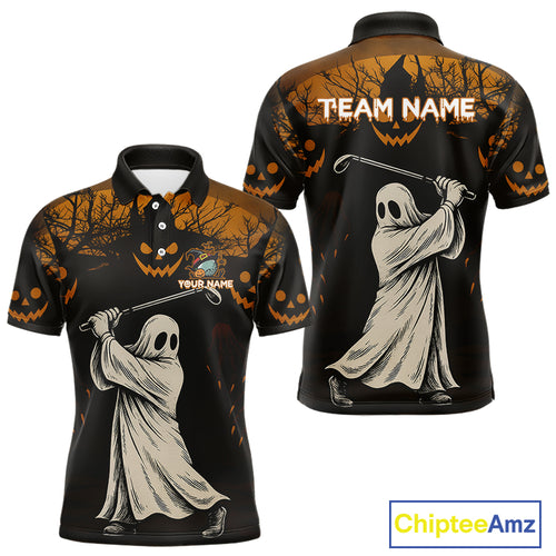 Funny black and orange Ghost Golfer Halloween Golf Polo Shirt For Men Custom golf attire for men NQS10767