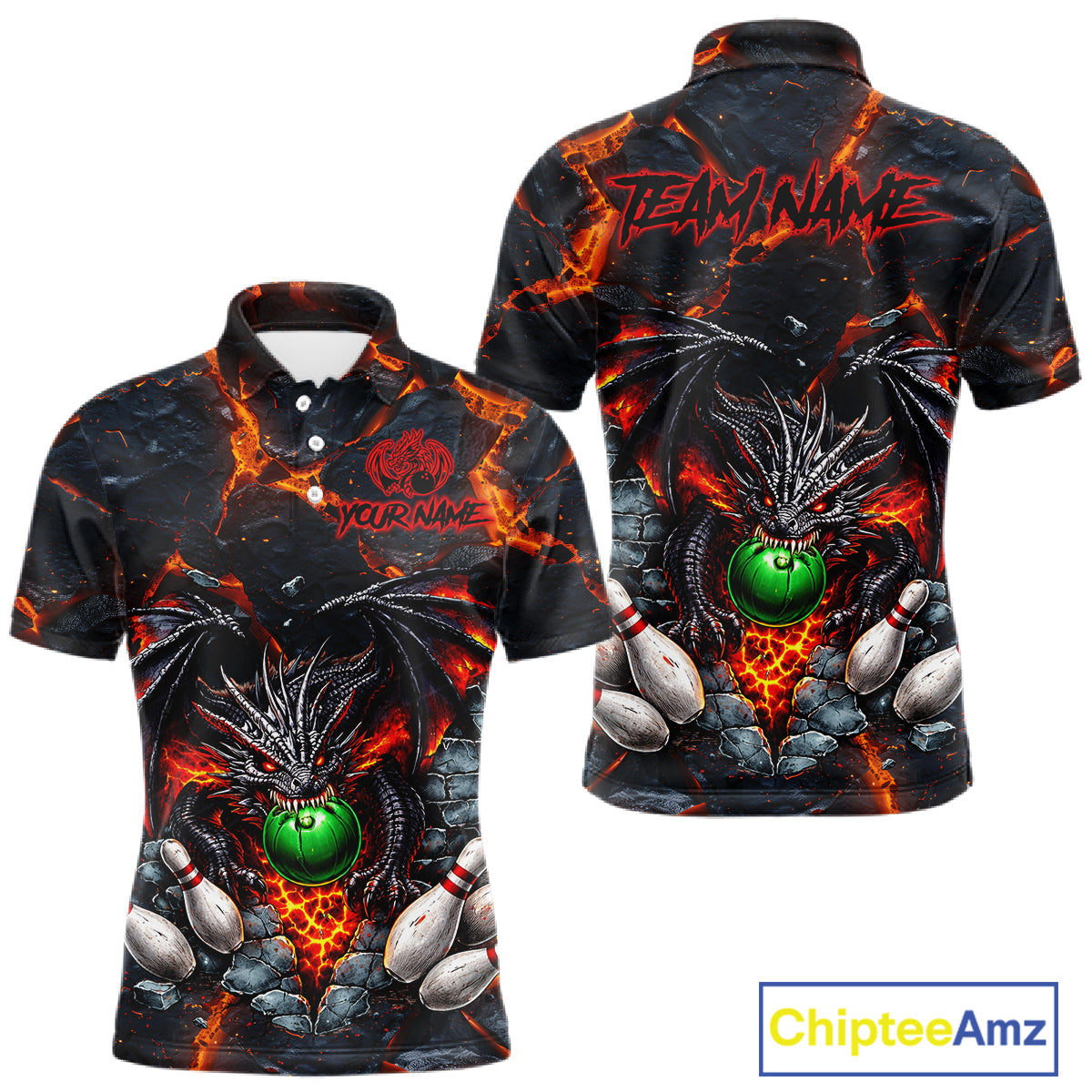 Custom Black And Orange Magma Dragon Bowling Shirts, Dragon Bowling Team Polo, 1/4 zip Jersey For Men NQS11559