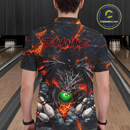 Custom Black And Orange Magma Dragon Bowling Shirts, Dragon Bowling Team Polo, 1/4 zip Jersey For Men NQS11559