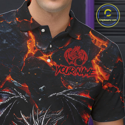 Custom Black And Orange Magma Dragon Bowling Shirts, Dragon Bowling Team Polo, 1/4 zip Jersey For Men NQS11559