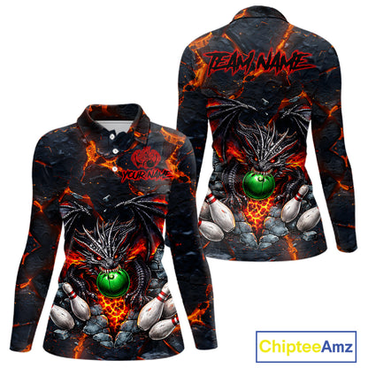 Custom Black & Orange Magma Dragon Bowling Shirts, Dragon Bowling Team Polo, 1/4 zip Jersey For Women NQS11559
