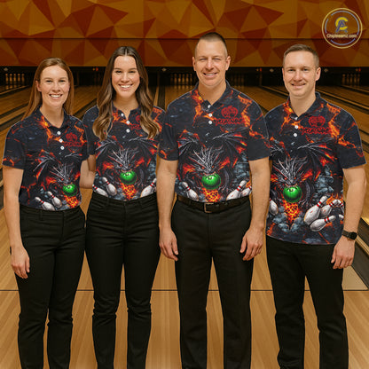 Custom Black And Orange Magma Dragon Bowling Shirts, Dragon Bowling Team Polo, 1/4 zip Jersey For Men NQS11559