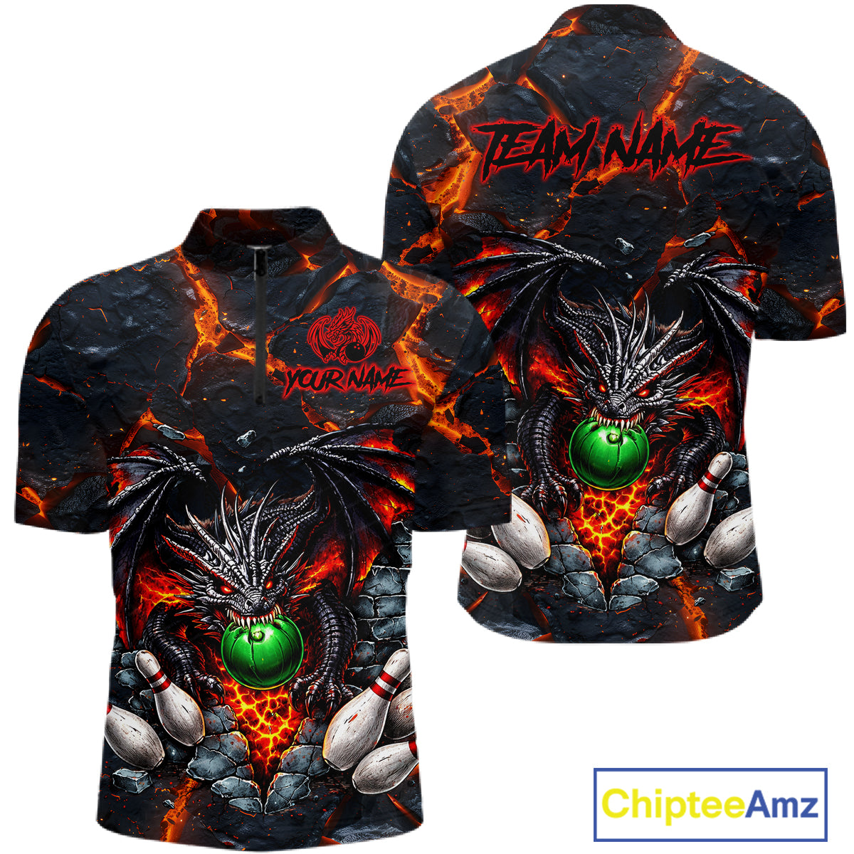 Custom Black And Orange Magma Dragon Bowling Shirts, Dragon Bowling Team Polo, 1/4 zip Jersey For Men NQS11559