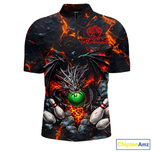 Custom Black And Orange Magma Dragon Bowling Shirts, Dragon Bowling Team Polo, 1/4 zip Jersey For Men NQS11559