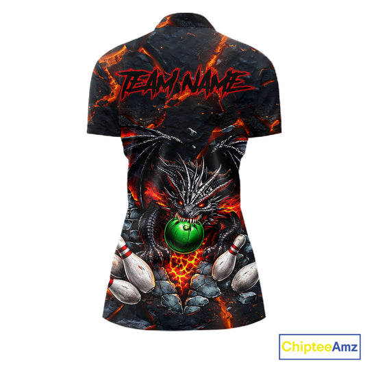 Custom Black & Orange Magma Dragon Bowling Shirts, Dragon Bowling Team Polo, 1/4 zip Jersey For Women NQS11559