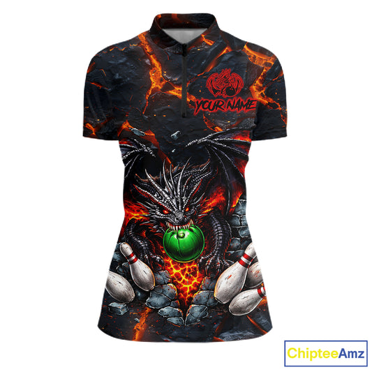 Custom Black & Orange Magma Dragon Bowling Shirts, Dragon Bowling Team Polo, 1/4 zip Jersey For Women NQS11559