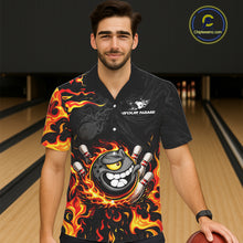 Load image into Gallery viewer, Funny Angry Bowling Button-up Shirt Custom Black and Orange Flame Bowling Hawaiian Team jerseys NQS11683