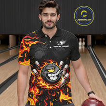 Load image into Gallery viewer, Funny Angry Bowling Polo, 1/4 Zip Shirt for Men Custom Black and Orange Flame Bowling Team jerseys NQS11683