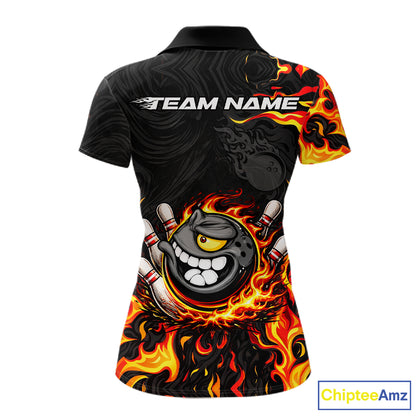 Funny Angry Bowling Polo, 1/4 Zip Shirt for Women Custom Black and Orange Flame Bowling Team jerseys NQS11683