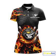 Load image into Gallery viewer, Funny Angry Bowling Polo, 1/4 Zip Shirt for Women Custom Black and Orange Flame Bowling Team jerseys NQS11683