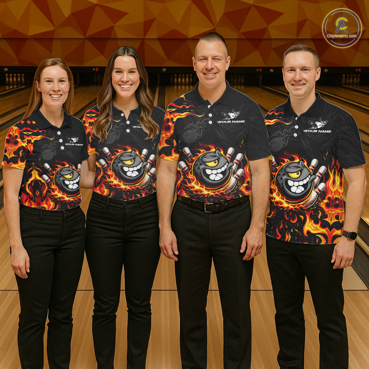Funny Angry Bowling Polo, 1/4 Zip Shirt for Women Custom Black and Orange Flame Bowling Team jerseys NQS11683