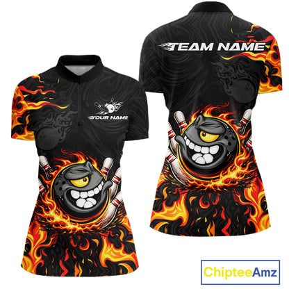 Funny Angry Bowling Polo, 1/4 Zip Shirt for Women Custom Black and Orange Flame Bowling Team jerseys NQS11683