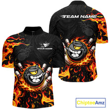 Load image into Gallery viewer, Funny Angry Bowling Polo, 1/4 Zip Shirt for Men Custom Black and Orange Flame Bowling Team jerseys NQS11683