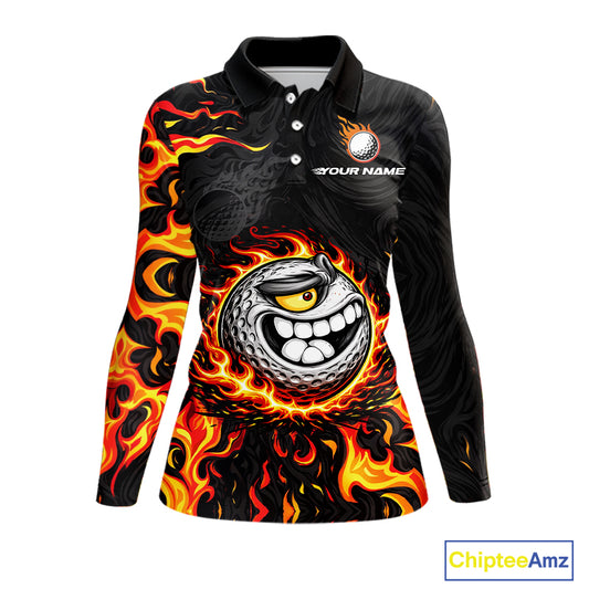 Funny Angry Golf Ball Golf Polo Shirts For Women Custom Black and Orange Flame ladies golf apparel NQS11684