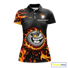 Load image into Gallery viewer, Funny Angry Golf Ball Golf Polo Shirts For Women Custom Black and Orange Flame ladies golf apparel NQS11684