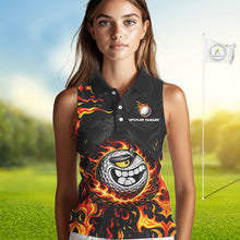 Load image into Gallery viewer, Funny Angry Golf Ball Sleeveless Golf Polo Shirt Custom Black and Orange Flame ladies golf apparel NQS11684