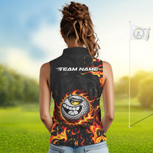 Load image into Gallery viewer, Funny Angry Golf Ball Sleeveless Golf Polo Shirt Custom Black and Orange Flame ladies golf apparel NQS11684