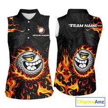 Load image into Gallery viewer, Funny Angry Golf Ball Sleeveless Golf Polo Shirt Custom Black and Orange Flame ladies golf apparel NQS11684