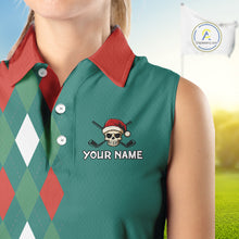 Load image into Gallery viewer, Green, Red &amp; White Christmas argyle pattern Skull Sleeveless Polo Shirt Custom ladies golf outfit NQS10770