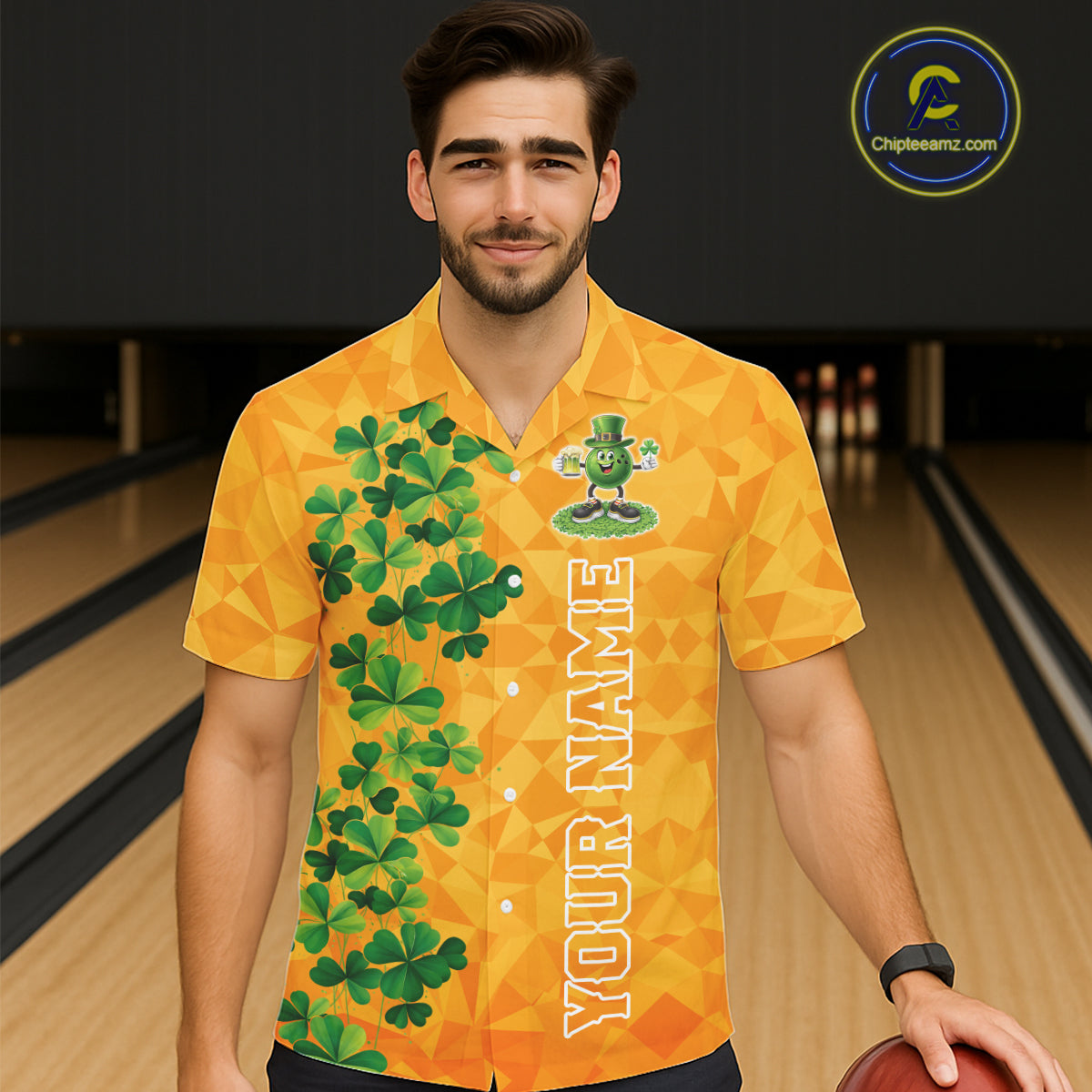 Orange pattern Green clovers St Patrick's Day Bowling Button-up Shirt Custom Bowling Team jerseys NQS11696