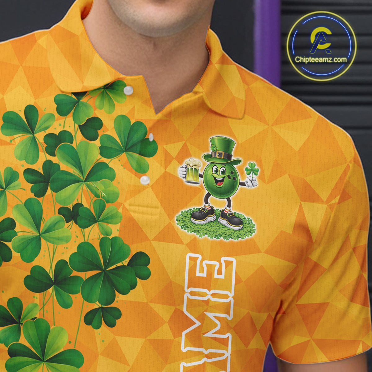 Orange pattern Green clovers St Patrick's Day Bowling Shirts for Men Custom Bowling Team jerseys NQS11696