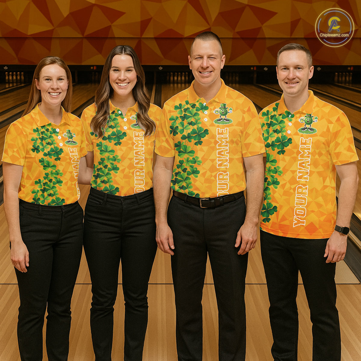 Orange pattern Green clovers St Patrick's Day Bowling Shirts for Men Custom Bowling Team jerseys NQS11696