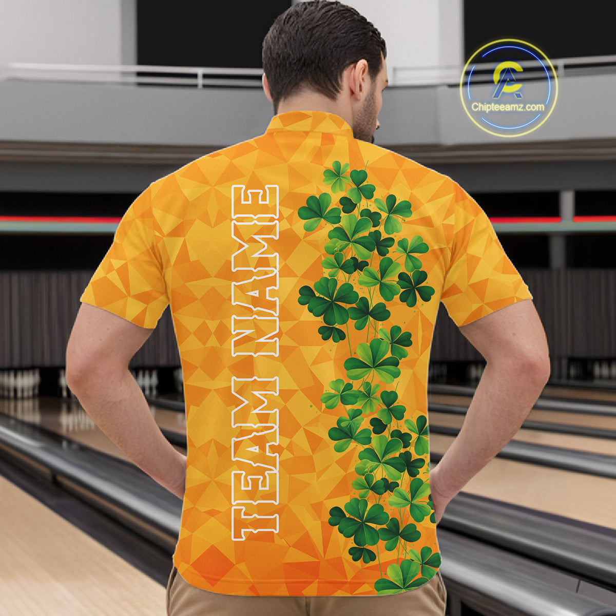 Orange pattern Green clovers St Patrick's Day Bowling Shirts for Men Custom Bowling Team jerseys NQS11696