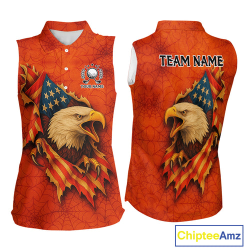American Flag Eagle Orange spider web Halloween Sleeveless Polo Shirt Custom ladies golf outfit NQS10774