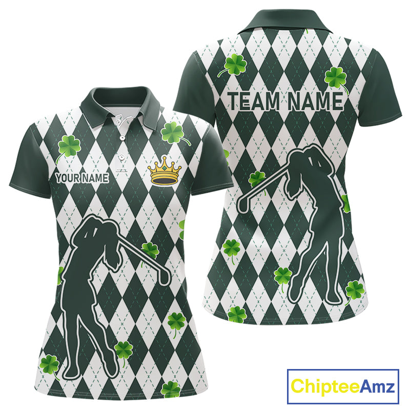 Green argyle pattern lucky shamrock Golf Polo Shirt For Women Custom St. Patrick's ladies golf outfit NQS10775
