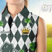 Load image into Gallery viewer, Green argyle pattern lucky shamrock Sleeveless Polo Shirt Custom St. Patrick&#39;s ladies golf outfit NQS10775