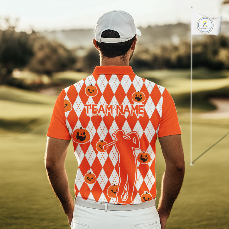 Orange argyle pattern pumpkin Golf Polo Shirt For Men Custom Halloween mens golf outfit NQS10776