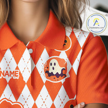 Load image into Gallery viewer, Orange argyle pattern pumpkin Golf Polo Shirt For Women Custom Halloween ladies golf outfit NQS10776