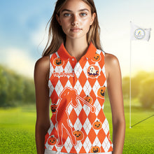 Load image into Gallery viewer, Orange argyle pattern pumpkin Golf Sleeveless Polo Shirt Custom Halloween ladies golf outfit NQS10776