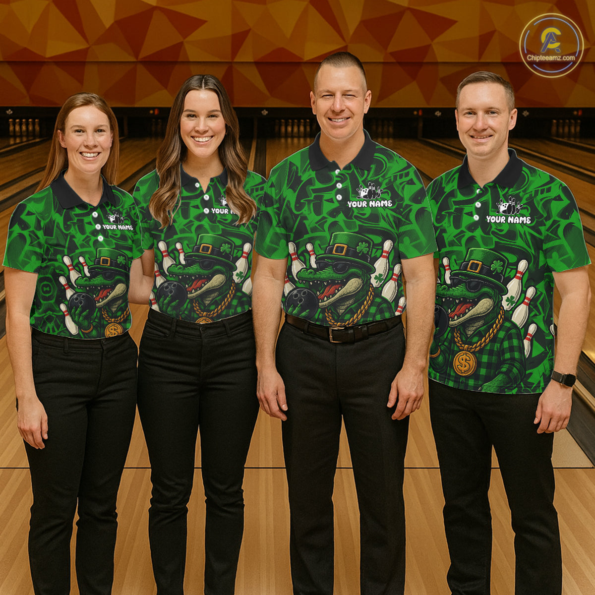 Funny Alligator Bowling Shirts For Men Custom Green graffiti pattern St Patrick Bowling Team Jersey NQS11161