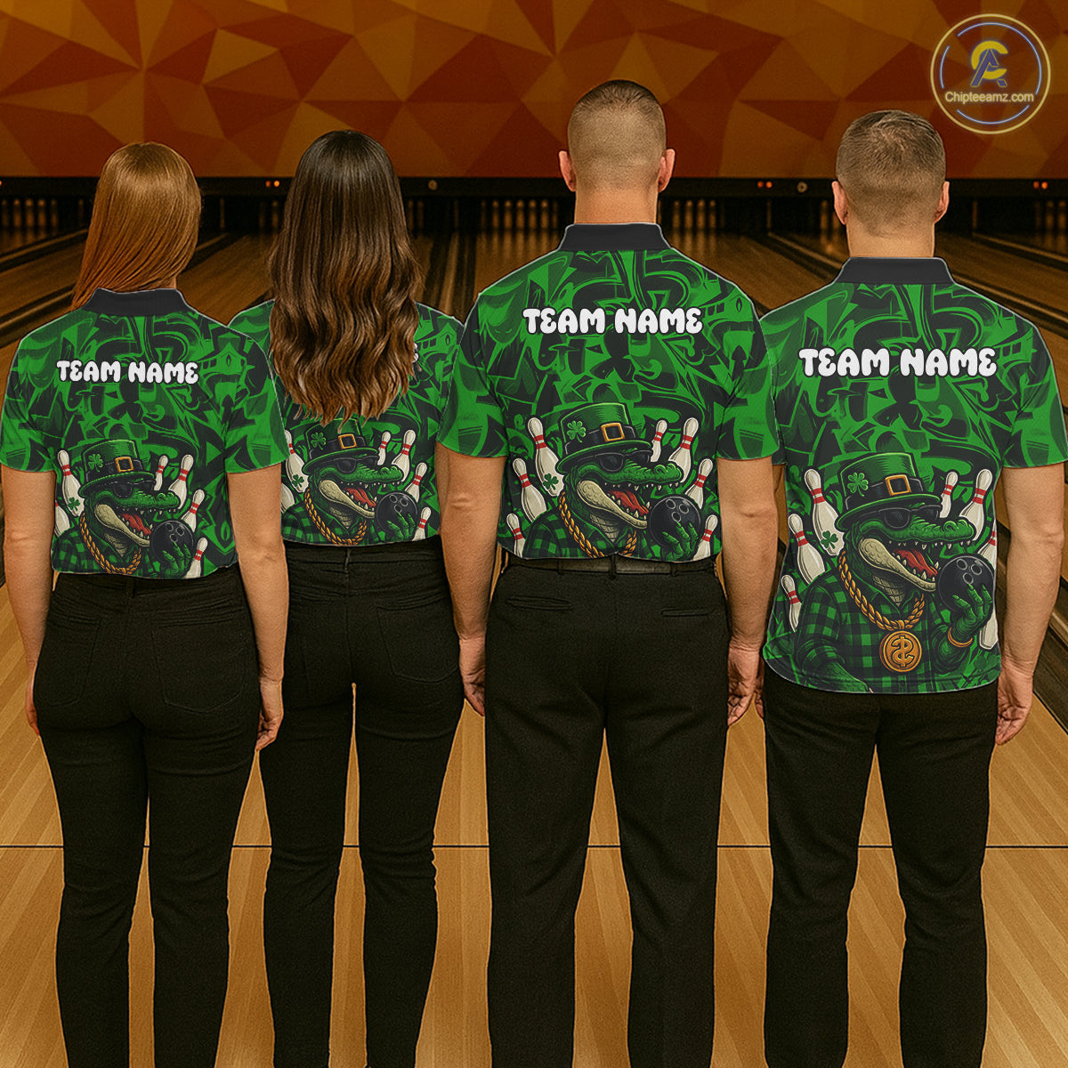 Funny Alligator Bowling Shirts For Men Custom Green graffiti pattern St Patrick Bowling Team Jersey NQS11161