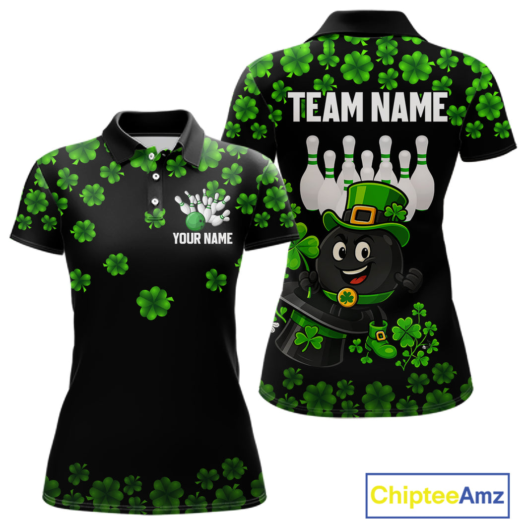 Black and Green Shamrock Funny Bowling Shirts For Women Custom St Patrick's Day Bowling Team Jersey NQS11163