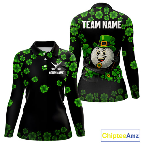 Black and Green Shamrock Funny Golf Polo Shirt For Women Custom St Patrick's Day ladies golf outfit NQS11164