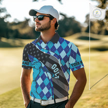 Load image into Gallery viewer, Personalized golf polo shirts for men blue argyle pattern black American Flag patriotic golf shirts NQS11368