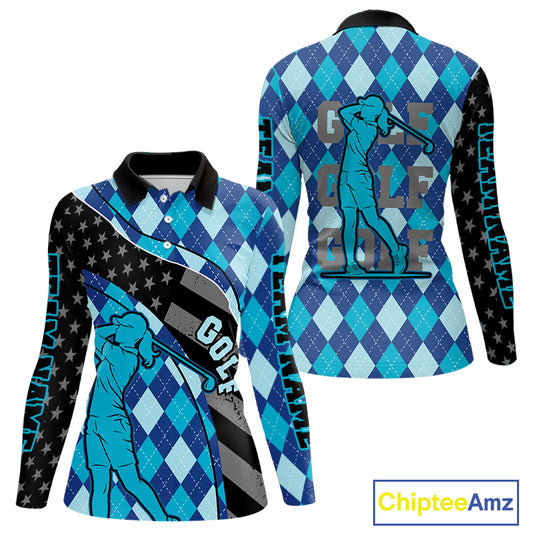 Personalized golf polo shirts for Women blue argyle pattern black American Flag patriotic golf shirts NQS11368