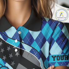 Load image into Gallery viewer, Personalized golf polo shirts for Women blue argyle pattern black American Flag patriotic golf shirts NQS11368