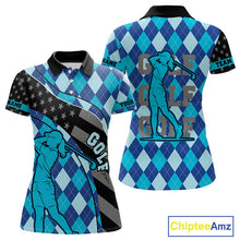 Load image into Gallery viewer, Personalized golf polo shirts for Women blue argyle pattern black American Flag patriotic golf shirts NQS11368