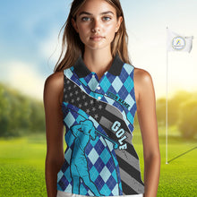 Load image into Gallery viewer, Personalized womens golf shirts sleeveless blue argyle pattern American Flag patriotic golf shirts NQS11368