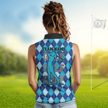 Load image into Gallery viewer, Personalized womens golf shirts sleeveless blue argyle pattern American Flag patriotic golf shirts NQS11368