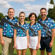 Load image into Gallery viewer, Personalized golf polo shirts for men blue argyle pattern black American Flag patriotic golf shirts NQS11368