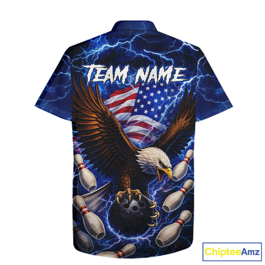Blue Lightning Thunder US Flag Eagle Bowling Hawaiian Shirt Custom Patriotic Team Bowling Jerseys NQS11580