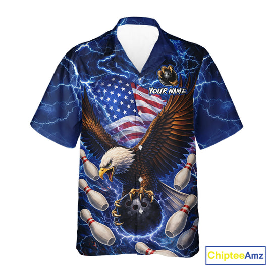 Blue Lightning Thunder US Flag Eagle Bowling Hawaiian Shirt Custom Patriotic Team Bowling Jerseys NQS11580