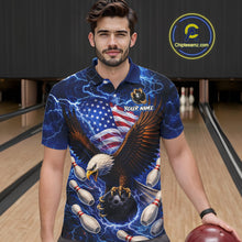 Load image into Gallery viewer, Blue Lightning Thunder US Flag Eagle Bowling Shirts for Men Custom Patriotic Team Bowling Jerseys NQS11580