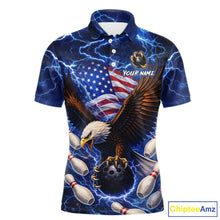 Load image into Gallery viewer, Blue Lightning Thunder US Flag Eagle Bowling Shirts for Men Custom Patriotic Team Bowling Jerseys NQS11580