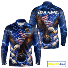 Load image into Gallery viewer, Blue Lightning Thunder US Flag Eagle Bowling Shirts for Men Custom Patriotic Team Bowling Jerseys NQS11580